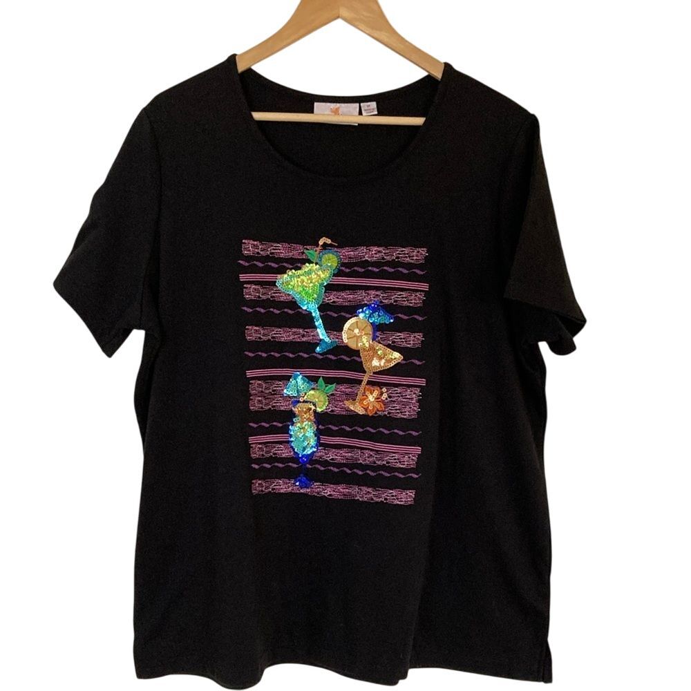Quacker Factory Short Sleeve Shirt Womens Size 1X‎ Black Sequins Cocktails